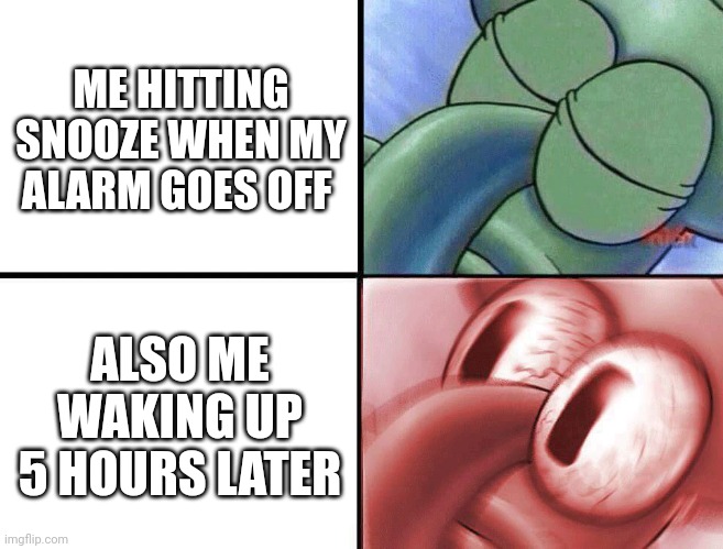sleeping Squidward | ME HITTING SNOOZE WHEN MY ALARM GOES OFF; ALSO ME WAKING UP 5 HOURS LATER | image tagged in memes | made w/ Imgflip meme maker