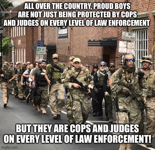 trump's militia | ALL OVER THE COUNTRY, PROUD BOYS ARE NOT JUST BEING PROTECTED BY COPS AND JUDGES ON EVERY LEVEL OF LAW ENFORCEMENT; BUT THEY ARE COPS AND JUDGES ON EVERY LEVEL OF LAW ENFORCEMENT! | image tagged in trump's militia | made w/ Imgflip meme maker