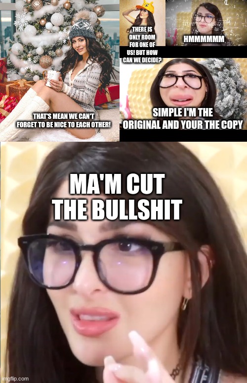 SSSniperwolf VS Azzyland [both my fave youtubers btw] | THERE IS ONLY ROOM FOR ONE OF US! BUT HOW CAN WE DECIDE? HMMMMMM; SIMPLE I'M THE ORIGINAL AND YOUR THE COPY; THAT'S MEAN WE CAN'T FORGET TO BE NICE TO EACH OTHER! MA'M CUT THE BULLSHIT | image tagged in sssniperwolf thinking hard,sssniperwolfs big head,sssniperwolf thats illegal | made w/ Imgflip meme maker