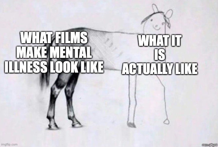 Horse Drawing | WHAT FILMS MAKE MENTAL ILLNESS LOOK LIKE; WHAT IT IS ACTUALLY LIKE | image tagged in horse drawing | made w/ Imgflip meme maker