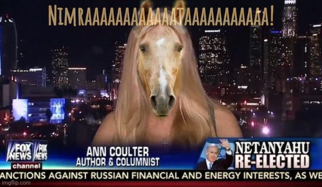 ann coulter horse face ivermectin fox news | Nimraaaaaaaaaaaataaaaaaaaaaa! | image tagged in ann coulter horse face ivermectin fox news | made w/ Imgflip meme maker