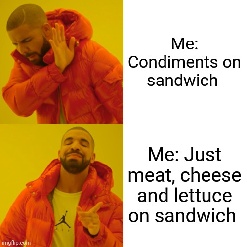Plain sandwich be like | Me: Condiments on sandwich; Me: Just meat, cheese and lettuce on sandwich | image tagged in memes,drake hotline bling | made w/ Imgflip meme maker
