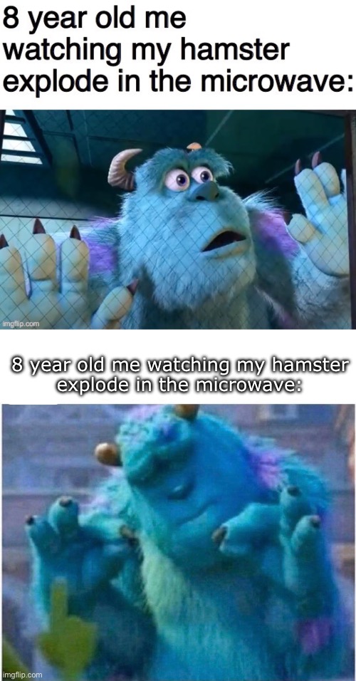 IceU: this is darker | 8 year old me watching my hamster
explode in the microwave: | image tagged in pleased sulley,sully wazowski,hamster,microwave | made w/ Imgflip meme maker