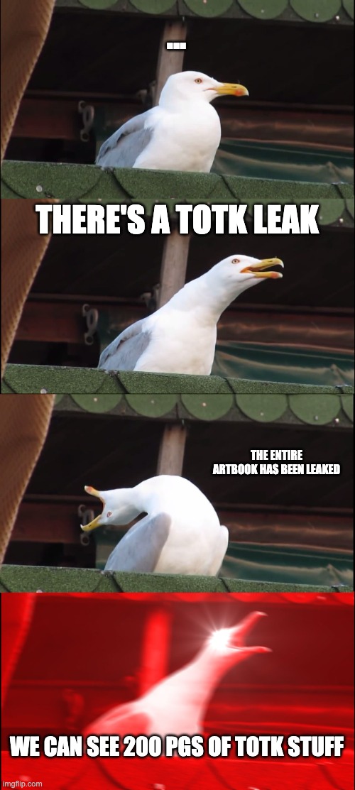 Inhaling Seagull Meme | ... THERE'S A TOTK LEAK; THE ENTIRE ARTBOOK HAS BEEN LEAKED; WE CAN SEE 200 PGS OF TOTK STUFF | image tagged in memes,inhaling seagull,tears of the kingdom,totk,leak | made w/ Imgflip meme maker