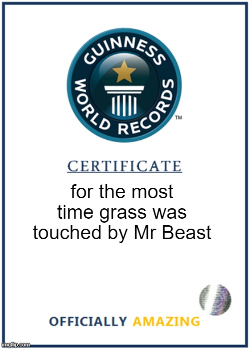 for the most time grass was touched by Mr Beast | image tagged in blank world record certificate,so true memes,mr beast,haha,touch grass,discord moderator | made w/ Imgflip meme maker