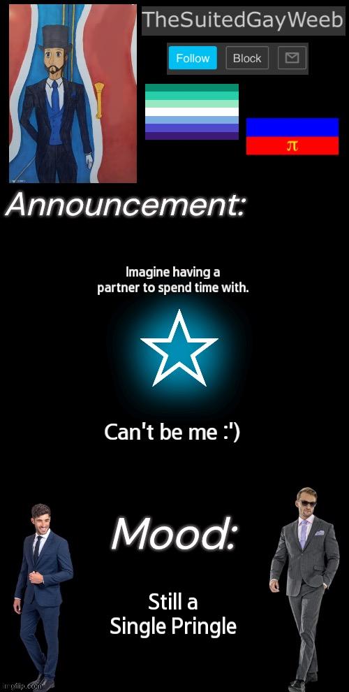 Starting To Lose Hope | Imagine having a partner to spend time with. Can't be me :'); Still a Single Pringle | image tagged in thesuitedgayweeb s announcement temp | made w/ Imgflip meme maker