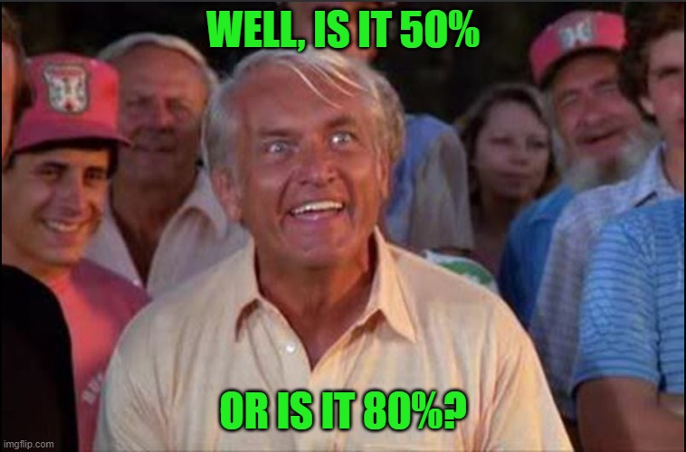 Well we're waiting | WELL, IS IT 50% OR IS IT 80%? | image tagged in well we're waiting | made w/ Imgflip meme maker