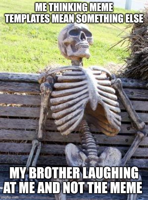 I do constantly use meme templates wrong | ME THINKING MEME TEMPLATES MEAN SOMETHING ELSE; MY BROTHER LAUGHING AT ME AND NOT THE MEME | image tagged in memes,waiting skeleton | made w/ Imgflip meme maker