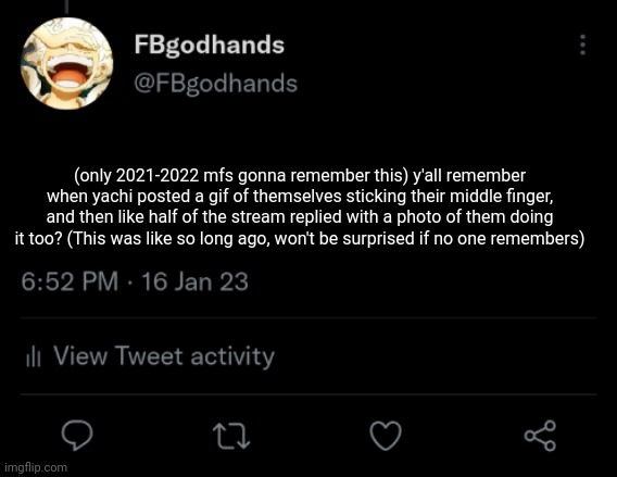 Cracked me up. I miss those old days | (only 2021-2022 mfs gonna remember this) y'all remember when yachi posted a gif of themselves sticking their middle finger, and then like half of the stream replied with a photo of them doing it too? (This was like so long ago, won't be surprised if no one remembers) | image tagged in pie charts | made w/ Imgflip meme maker