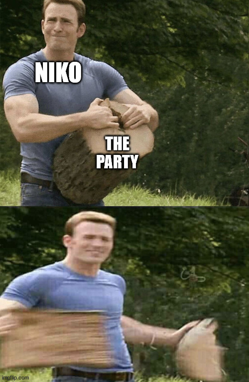 I think I might've made a faux pas | NIKO; THE PARTY | image tagged in wood splitting,flying off to my death,vs an adult green dragon,lol we're level 5 | made w/ Imgflip meme maker