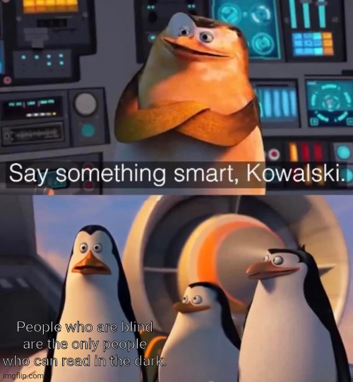 Meme | People who are blind are the only people who can read in the dark. | image tagged in say something smart kowalski | made w/ Imgflip meme maker