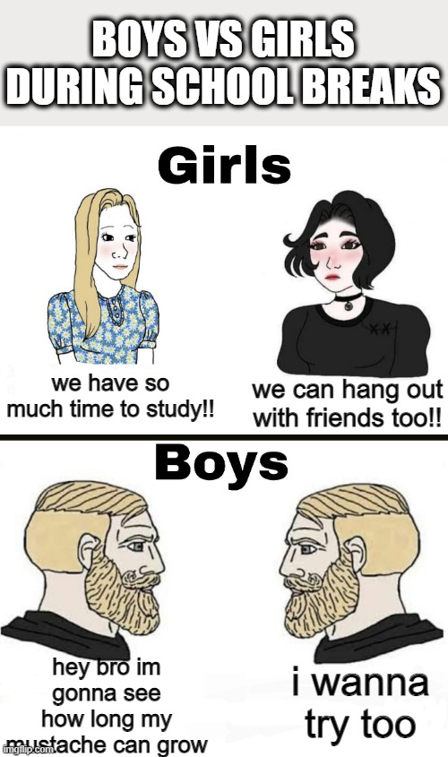 boys vs girls in school breaks | BOYS VS GIRLS DURING SCHOOL BREAKS; we have so much time to study!! we can hang out with friends too!! hey bro im gonna see how long my mustache can grow; i wanna try too | image tagged in girls vs boys | made w/ Imgflip meme maker