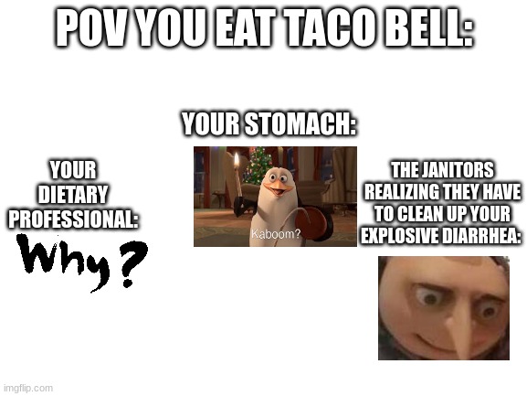 Blank White Template | POV YOU EAT TACO BELL:; YOUR STOMACH:; YOUR DIETARY PROFESSIONAL:; THE JANITORS REALIZING THEY HAVE TO CLEAN UP YOUR EXPLOSIVE DIARRHEA: | image tagged in blank white template | made w/ Imgflip meme maker