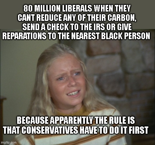 imagine 80 million people following their own ideology rather than just crying about it for 40 years straight.. | 80 MILLION LIBERALS WHEN THEY CANT REDUCE ANY OF THEIR CARBON, SEND A CHECK TO THE IRS OR GIVE REPARATIONS TO THE NEAREST BLACK PERSON; BECAUSE APPARENTLY THE RULE IS THAT CONSERVATIVES HAVE TO DO IT FIRST | image tagged in marcia marcia marcia | made w/ Imgflip meme maker