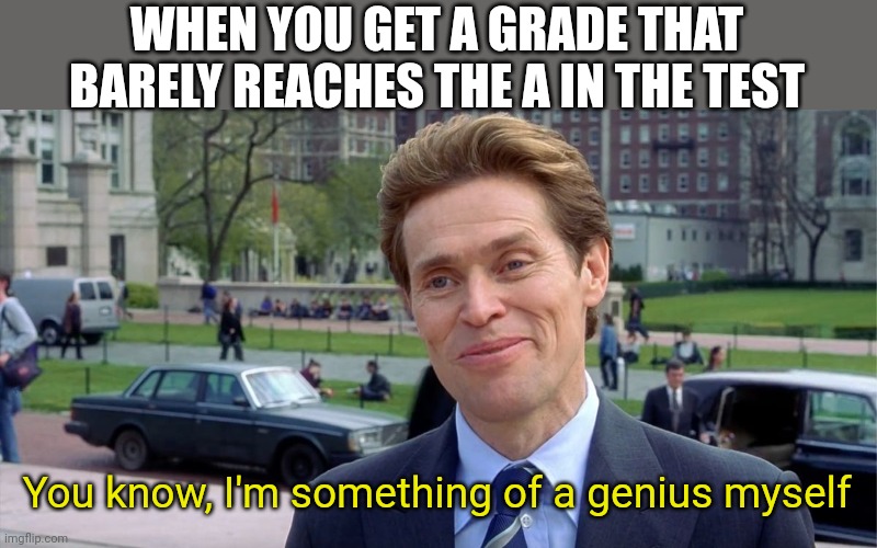 How's them tests? | WHEN YOU GET A GRADE THAT BARELY REACHES THE A IN THE TEST; You know, I'm something of a genius myself | image tagged in you know i'm something of a scientist myself,memes,funny,test,school | made w/ Imgflip meme maker