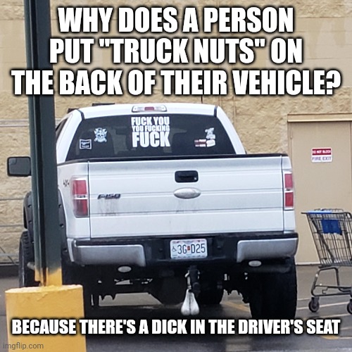 WHY DOES A PERSON PUT "TRUCK NUTS" ON THE BACK OF THEIR VEHICLE? BECAUSE THERE'S A DICK IN THE DRIVER'S SEAT | image tagged in truck,nuts,dick,driver | made w/ Imgflip meme maker