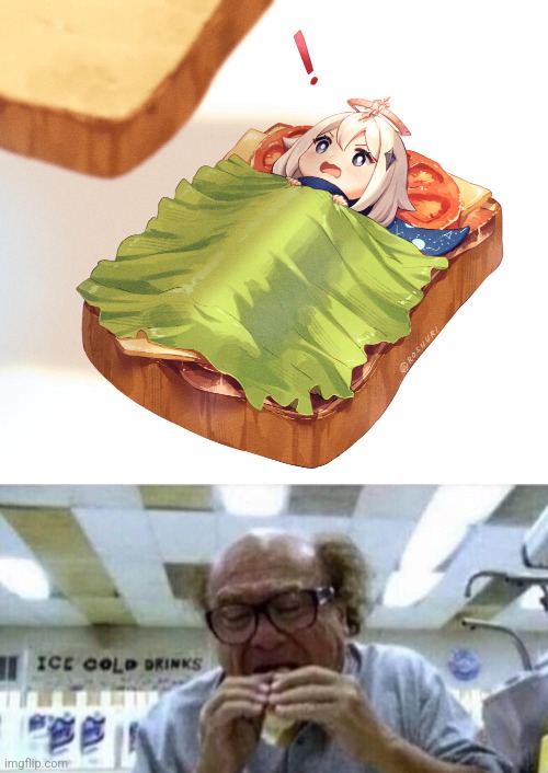 yummy | image tagged in paimon sandwich,danny devito eating | made w/ Imgflip meme maker