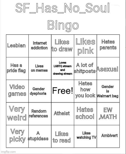 Bringing back the bingos | Bingo; SF_Has_No_Soul; Likes to draw; Internet addiction; Hates parents; Lesbian; Likes pink; Loves LGBTQ stream and drawing stream; Has a pride flag; Asexual; A lot of shitposts; Lives on memes; Hates how you look; Video games; Gender is Walmart bag; Gender dysphoria; Very weird; Random references; EW ,MATH; Hates school; Atheist; A stupidass; Ambivert; Very picky; Likes watching TV; Likes to read | image tagged in blank bingo | made w/ Imgflip meme maker