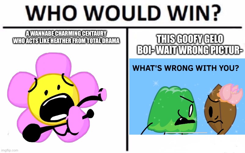 Idk | A WANNABE CHARMING CENTAURY WHO ACTS LIKE HEATHER FROM TOTAL DRAMA; THIS GOOFY GELO BOI- WAIT WRONG PICTUR- | image tagged in memes,who would win | made w/ Imgflip meme maker