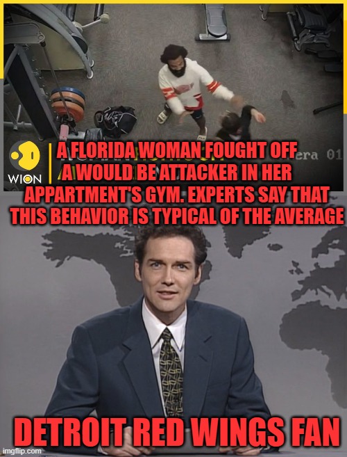 I'll bet that you were thinking something else? | A FLORIDA WOMAN FOUGHT OFF A WOULD BE ATTACKER IN HER APPARTMENT'S GYM. EXPERTS SAY THAT THIS BEHAVIOR IS TYPICAL OF THE AVERAGE; DETROIT RED WINGS FAN | image tagged in norm mcdonald,detroit red wings | made w/ Imgflip meme maker