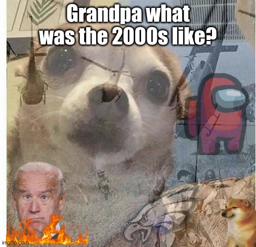 2000s @)))S | Grandpa what was the 2000s like? | image tagged in ptsd chihuahua | made w/ Imgflip meme maker