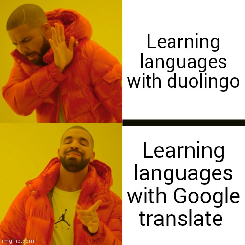 At least it doesn't kidnap your family or something | Learning languages with duolingo; Learning languages with Google translate | image tagged in memes,drake hotline bling,duolingo,google translate,language,funny | made w/ Imgflip meme maker
