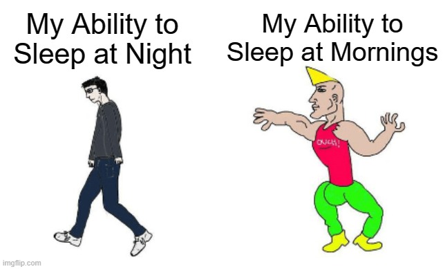 Why is this so true |  My Ability to Sleep at Mornings; My Ability to Sleep at Night | image tagged in virgin vs chad,memes,funny,relatable memes,relatable,sleep | made w/ Imgflip meme maker