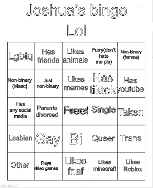 Joshua’s bingo Blank Meme Template