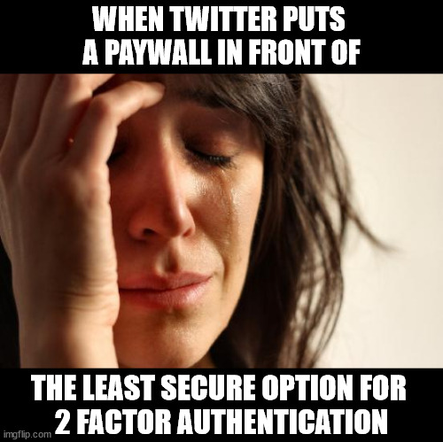 First World Security Problems | WHEN TWITTER PUTS 
A PAYWALL IN FRONT OF; THE LEAST SECURE OPTION FOR 
2 FACTOR AUTHENTICATION | image tagged in memes,first world problems | made w/ Imgflip meme maker