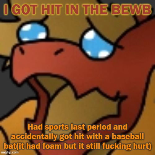 I FELL FROM THE PAINNNNNNNN *cri* | I GOT HIT IN THE BEWB; Had sports last period and accidentally got hit with a baseball bat(it had foam but it still fucking hurt) | image tagged in piss | made w/ Imgflip meme maker