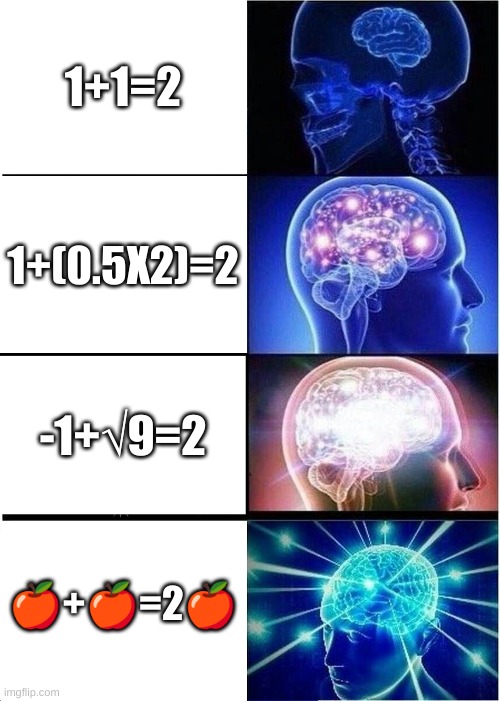 =P | 1+1=2; 1+(0.5X2)=2; -1+√9=2; 🍎+🍎=2🍎 | image tagged in memes,expanding brain | made w/ Imgflip meme maker