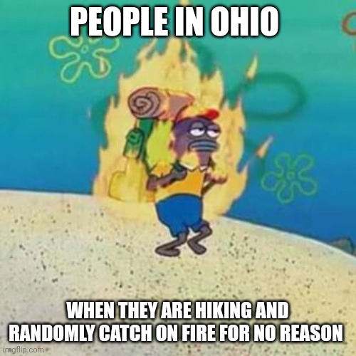 What is in Ohio?!?!? | PEOPLE IN OHIO; WHEN THEY ARE HIKING AND RANDOMLY CATCH ON FIRE FOR NO REASON | image tagged in spongebob on fire | made w/ Imgflip meme maker