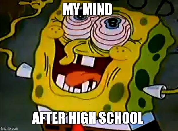 My mind after High school | MY MIND; AFTER HIGH SCHOOL | image tagged in musically insane spongebob | made w/ Imgflip meme maker