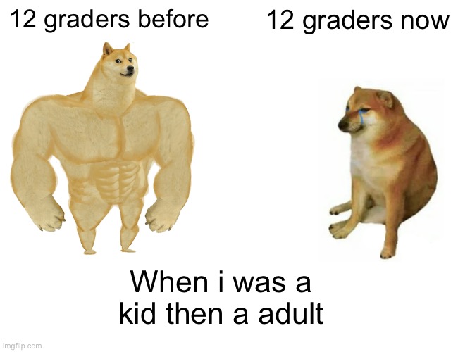 Time flies by so fast | 12 graders before; 12 graders now; When i was a kid then a adult | image tagged in memes,buff doge vs cheems | made w/ Imgflip meme maker