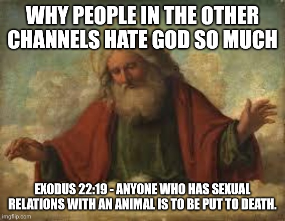 god | WHY PEOPLE IN THE OTHER CHANNELS HATE GOD SO MUCH; EXODUS 22:19 - ANYONE WHO HAS SEXUAL RELATIONS WITH AN ANIMAL IS TO BE PUT TO DEATH. | image tagged in god | made w/ Imgflip meme maker