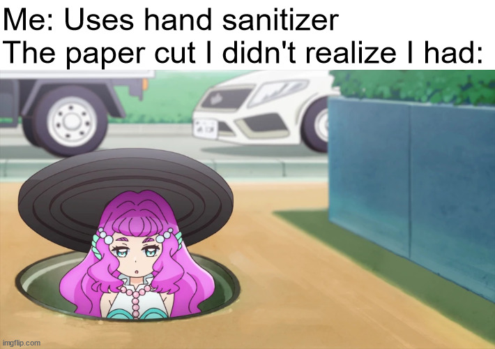 paper cut | Me: Uses hand sanitizer
The paper cut I didn't realize I had: | image tagged in hand sanitizer,paper cut,me | made w/ Imgflip meme maker