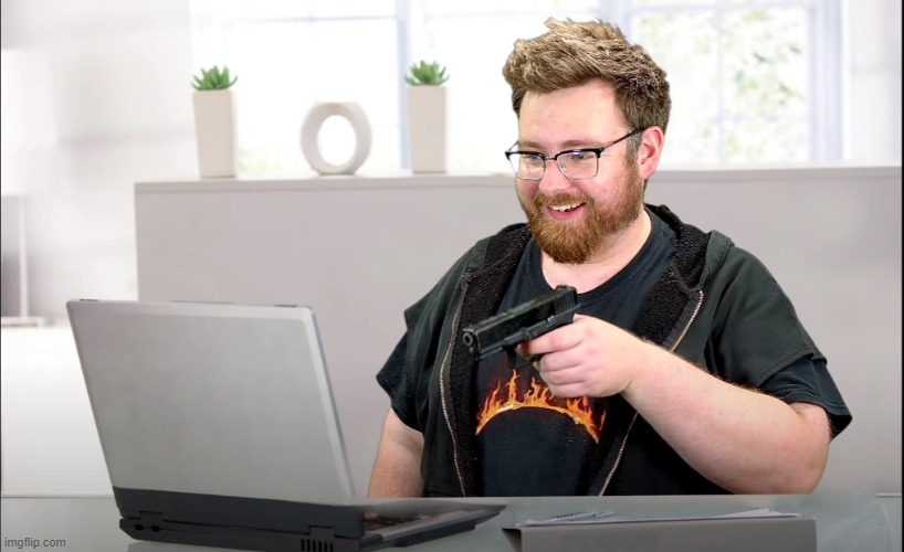 why did i post this | image tagged in tomska aiming gun at laptop | made w/ Imgflip meme maker