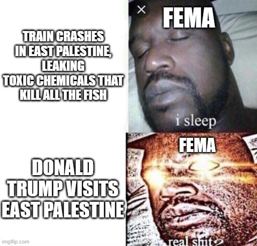 i sleep real shit | TRAIN CRASHES IN EAST PALESTINE, LEAKING TOXIC CHEMICALS THAT KILL ALL THE FISH; FEMA; DONALD TRUMP VISITS EAST PALESTINE; FEMA | image tagged in i sleep real shit | made w/ Imgflip meme maker