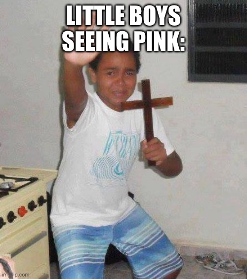 kid with cross | LITTLE BOYS SEEING PINK: | image tagged in kid with cross | made w/ Imgflip meme maker