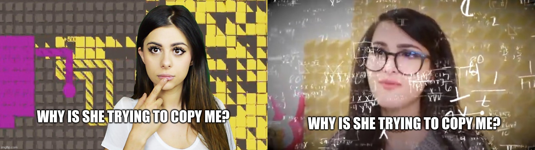 probably SSSniperwolf and Azzyland rn | WHY IS SHE TRYING TO COPY ME? WHY IS SHE TRYING TO COPY ME? | image tagged in sssniperwolf thinking hard | made w/ Imgflip meme maker