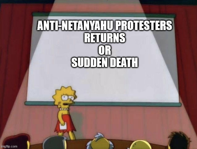 Anti-Netanyahu Protesters Returns or Sudden Death | ANTI-NETANYAHU PROTESTERS
RETURNS
OR
SUDDEN DEATH | image tagged in lisa petition meme,israel,protesters,police brutality | made w/ Imgflip meme maker