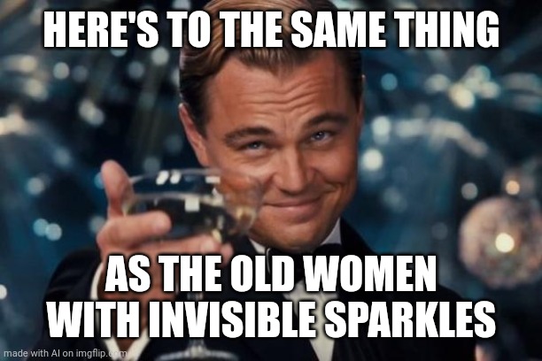 In a way, we all have invisible sparkles. | HERE'S TO THE SAME THING; AS THE OLD WOMEN WITH INVISIBLE SPARKLES | image tagged in memes,leonardo dicaprio cheers,umm | made w/ Imgflip meme maker