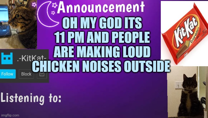 Kitty's announcment temp V3 | OH MY GOD ITS 11 PM AND PEOPLE ARE MAKING LOUD CHICKEN NOISES OUTSIDE | image tagged in kitty's announcment temp v3 | made w/ Imgflip meme maker
