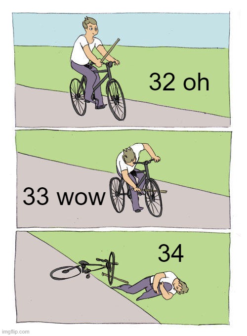 Bike Fall | 32 oh; 33 wow; 34 | image tagged in memes,bike fall | made w/ Imgflip meme maker