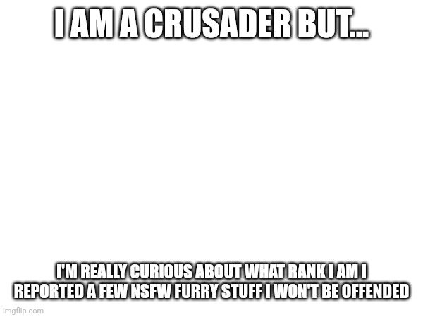 I AM A CRUSADER BUT... I'M REALLY CURIOUS ABOUT WHAT RANK I AM I REPORTED A FEW NSFW FURRY STUFF I WON'T BE OFFENDED | made w/ Imgflip meme maker