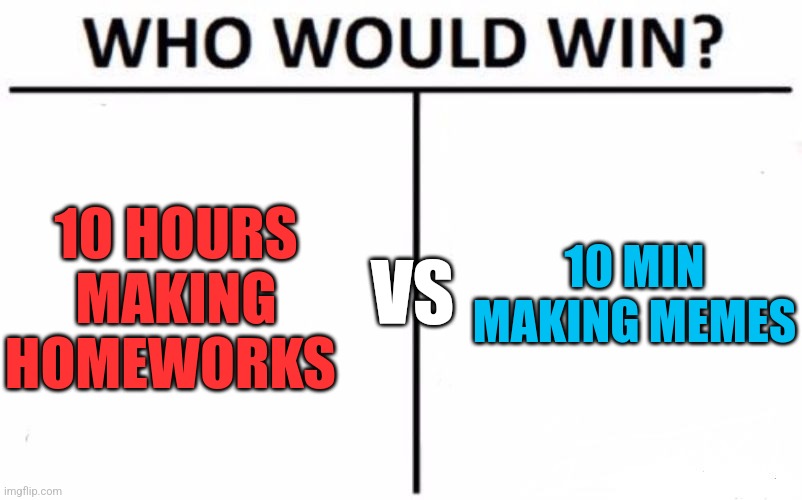 Who Would Win? Meme | 10 HOURS MAKING HOMEWORKS 10 MIN MAKING MEMES VS | image tagged in memes,who would win | made w/ Imgflip meme maker