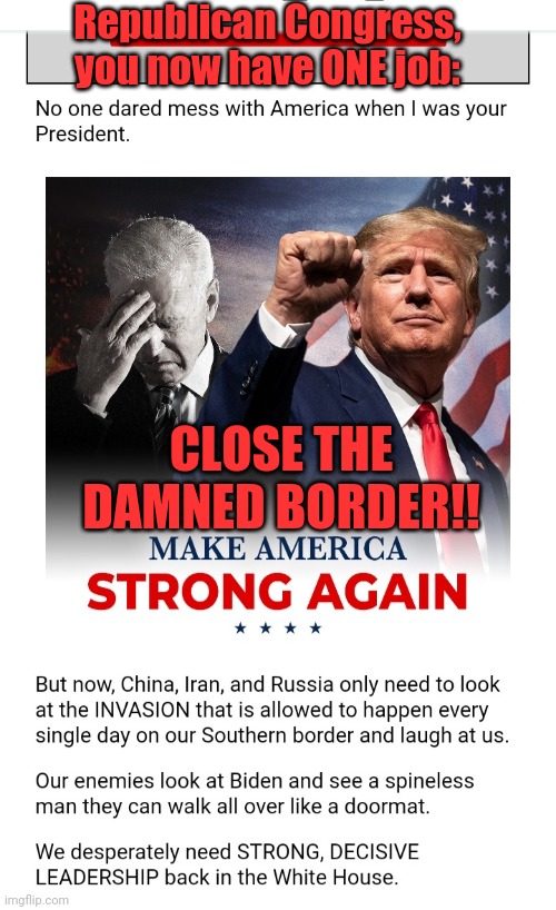 CLOSE THE BORDER NOW! | Republican Congress, you now have ONE job:; CLOSE THE DAMNED BORDER!! | image tagged in impeach,creepy joe biden,government corruption,you're fired,presidential election,president trump | made w/ Imgflip meme maker