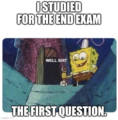 Oh hell nah | I STUDIED FOR THE END EXAM; THE FIRST QUESTION. | image tagged in well shit spongebob edition | made w/ Imgflip meme maker