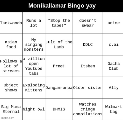Monikallamar Bingo Yay | image tagged in monikallamar bingo yay | made w/ Imgflip meme maker