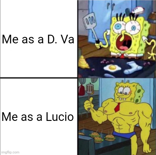 My old and new main in Overwatch 2 Season 3 | Me as a D. Va; Me as a Lucio | image tagged in weak spongebob vs strong spongebob | made w/ Imgflip meme maker